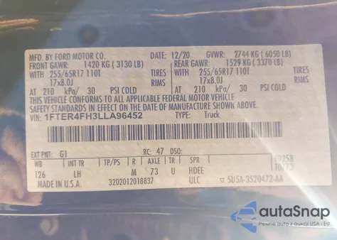 2020 Ford Ranger Xlt z USA, uszkodzony, nr VIN 1FTER4FH3LLA96452